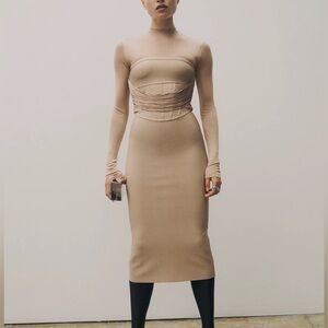 NWT HERVE LEGER Draped Strapless Fringe Midi Dress in Dune